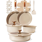 CAROTE 18-piece ceramic cookware with detachable handle for compact storage.