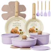 CAROTE 19-piece nonstick set stacked for compact storage.
