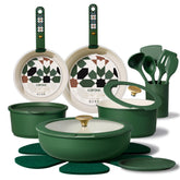 CAROTE 21Pcs ceramic cookware set viewed from above showing pots and pans and even heating.