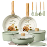 CAROTE pots and pans set with detachable handle for space-saving storage.