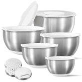 CAROTE stainless steel mixing bowls set with lids, stackable for compact storage.