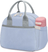 Carry Bloom corduroy lunch bag front pocket keeps utensils handy at work.