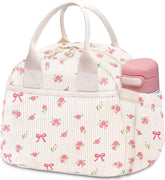 Carry bloom corduroy lunch bag front pocket keeps cutlery handy for work or travel.