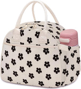 Carry bloom flower-black corduroy lunch bag front pocket for utensils and quick access