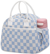 Carry Bloom lunch box with corduroy checkered blue and white exterior showing style and practicality