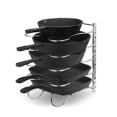 CAXXA heavy-duty pan rack in chrome keeps cookware organized and accessible.