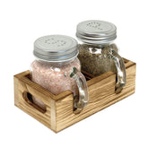 CB Accessories mason jar salt and pepper set with wood holder on kitchen counter.