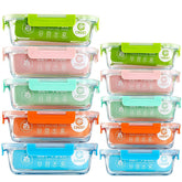 CCREST 10-pack glass storage containers with colorful lids for meal prep.