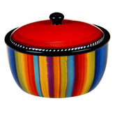 Certified International Sierra bean pot with lid, vibrant stripes, keeps soups warm at table.