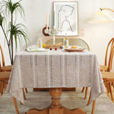 Chassic light coffee hemstitched tablecloth on a 60x84 rectangle table for easy cleanup.