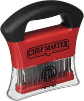 Chef Master meat tenderizer with stainless blades for faster marinade absorption.
