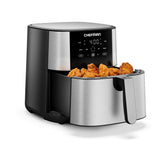 Chefman 8 Qt Air Fryer front view highlights a sleek stainless steel finish for quick kitchen upgrades.