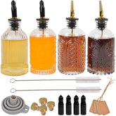 ChezMax syrup dispenser set with four carved bottles for organized bar station