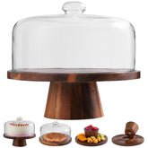 ChilkukUie acacia wood cake stand with glass dome showcases desserts with elegant warmth.