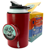 Chill-N-Reel crimson beer can cooler with integrated reel in hand, ready for fishing.