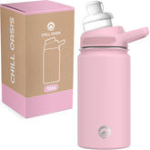 Chill Oasis 12oz bottle front view in pink keeps drinks cold for hours.