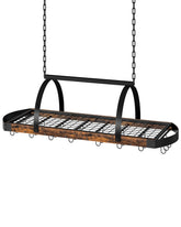 CHOEZON Hanging Pot Rack upper mesh shelf organizes cookware for easy access.