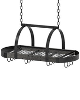 CHOEZON Hanging Pot Rack upper shelf keeps pots within easy reach and organized.