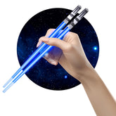 ChopSabers lightsaber chopsticks front view with blue and red LEDs for fun sushi nights.