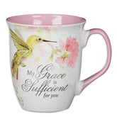 Christian Art Gifts Grace is Sufficient mug with silver foil text for daily inspiration.