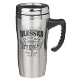 Christian Art Gifts travel mug with lid and handle, stainless steel for on-the-go hydration.