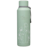 Christian Art Gifts teal floral bottle front view keeps drinks cold or hot on the go.