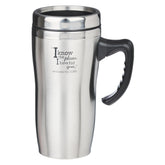 Christian Art Gifts travel mug with handle and lid close-up showing durable stainless steel.