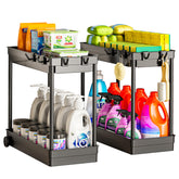 Cicilyna under sink organizer 2-tier black, keeps cleaning supplies neatly organized under the sink.