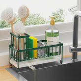 Cisily sponge holder with rotatable spout directs water into the sink to keep counters dry.