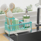 Cisily turquoise sponge holder on sink keeps sponges organized and countertops dry.