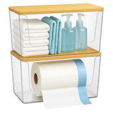 CiWiVOKi trash bag holder 2-pack with bamboo lid keeps under-sink supplies organized.