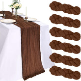 CKIKU brown cheesecloth table runner enhances rustic dining tables with a versatile six-pack setup.