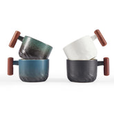 CLASGLAZ 6 oz ceramic espresso mug with wooden handle for a comfortable grip.