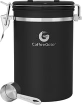 Coffee Gator 22oz airtight canister keeps coffee fresh with a protective seal.