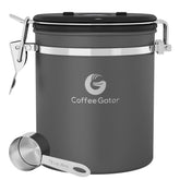 Coffee Gator stainless steel canister 16oz gray guards beans against moisture and oxygen.