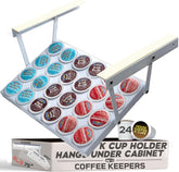 COFFEEKEEPERS under-cabinet k cup holder stores 24 pods, saving counter space.