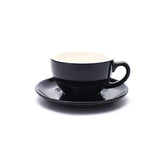Coffeezone latte art cup in glossy black bone china, perfect for creamy latte art.