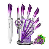 Cokinutvalleyus purple knife set on block for space-saving organization.