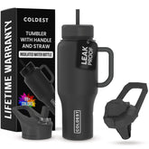 The Coldest Water tumbler with handle and straw in stealth black for easy on-the-go hydration.