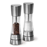 Cole & Mason Derwent salt mill in clear acrylic with stainless finish for easy refilling and table use.
