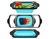 Comfify XL blue over-sink strainer with extended handles for easy pasta draining