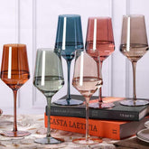 Comfit colored wine glasses set in six hues for easy guest identification.