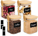 ComSaf 0.8 Qt glass jar with bamboo lid and spoon for organized storage near the coffee station.