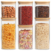ComSaf airtight glass canister set with wooden lids for organized pantry storage.