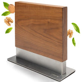 Coninx magnetic knife holder on a walnut display stand for stylish countertop organization.