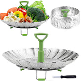 Consevisen steamer basket with extended handle for safe lifting and deeper pots.