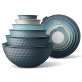 COOK WITH COLOR mixing bowls with lids in blue showing nesting and space saving