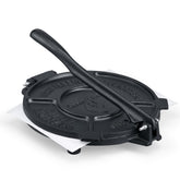 Cookamp cast iron tortilla press top view shows sturdy construction for even dough