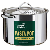 Cooler Concepts pasta pot with lid strainer for spill-free draining after boiling.