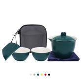 Coolpei porcelain gongfu tea set inside a portable travel bag for on-the-go brewing.